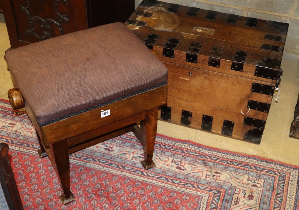 A Victorian iron bound silver chest and an adjustable piano stool, chest W.65cm D.37cm H.38cm